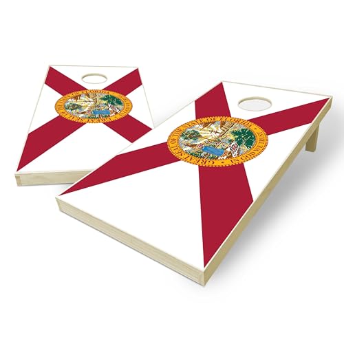 State Flag Solid Wood Regulation Cornhole Set 4 Feet x 2 Feet Includes Set of 8 Bags and Carrying Case with Optional LED Lights and Lamination - style: Florida