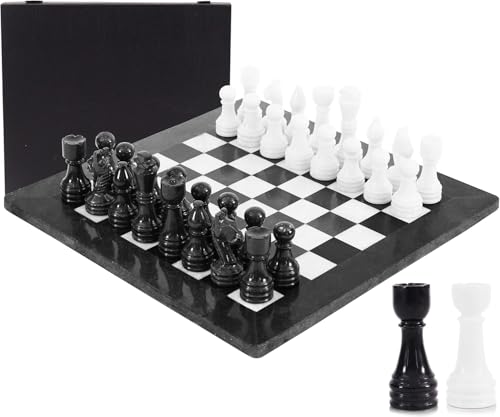 Marble Chess Set 15" Inches Black and White with Storage Box and 2 Extra Queen Handmade Luxury Board Games for Adults, Ideal Marble Chess Board Game Set & Chess Pieces - color: Black & White