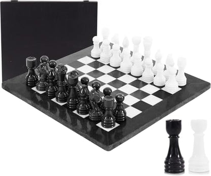 Marble Chess Set 15" Inches Black and White with Storage Box and 2 Extra Queen Handmade Luxury Board Games for Adults, Ideal Marble Chess Board Game Set & Chess Pieces - color: Black & White