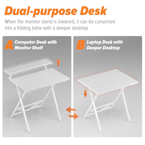 WOHOMO Folding Computer Desk with Adjustable Height, 23.6" x 31.5" x 25.6" Foldable Table with Monitor Stand, Small Office Desk for Bedroom, Space Saving Desk for Home Office, Easy Assemble, White - color: White