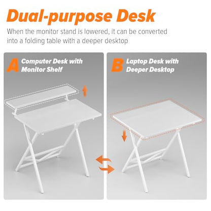 WOHOMO Folding Computer Desk with Adjustable Height, 23.6" x 31.5" x 25.6" Foldable Table with Monitor Stand, Small Office Desk for Bedroom, Space Saving Desk for Home Office, Easy Assemble, White - color: White