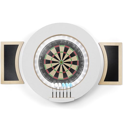 Dart Board Cabinet Set with LED Light; Bristle Dartboard, Built in LED Light, Darts and Chalkboards - color: White