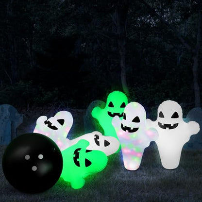 WinnerWhy 7 Pcs LED Giant Halloween Inflatable Ghost Bowling Set Light up Game 6 Pcs 27" Ghost Bowling Pins and 1 Pcs 24" Ball for Adult Halloween Outdoor Indoor Party