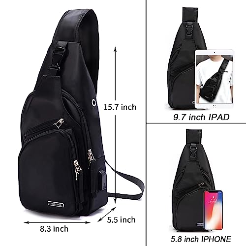 Seoky Rop Men Women Sling Backpack Nylon Water Resistant Shoulder Chest Crossbody Sling Bag with USB Charging Port - color: Black