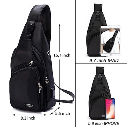 Seoky Rop Men Women Sling Backpack Nylon Water Resistant Shoulder Chest Crossbody Sling Bag with USB Charging Port - color: Black