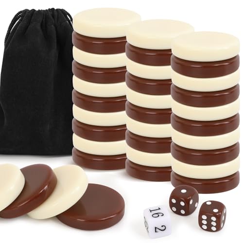 Premium Ceramic Game Pieces Set - 30 Versatile Pieces for Checkers, Chess Pieces only, Backgammon Pieces only, dice & More - Smooth Finish, Durable for Checkers Board Game - color: Brown and Off-white, size: 32MM