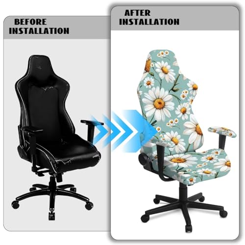 Suobstales Green Daisy Flower Pattern Stretch Gaming Chair Cover with Armrest Cover, Soft Computer Chair Cover Dust Protection Rotating Desk Chair Protector Cover for Office Computer Racing Seat - color: Green Daisy Flower