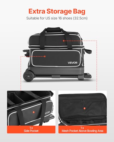 VEVOR Bowling Ball Bag, 2-Ball Bowling Bag with Wheels, Featuring a Separate Compartment for Shoes (Up to US Size 16) & Oversized Accessory Pocket, Retractable Handle Extends to 41.32 in - style: Black-white