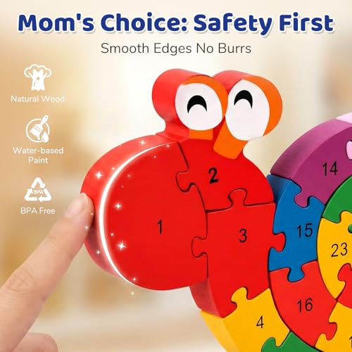 LovesTown Wooden Puzzles for Kids, Double Sided Snail Jigsaw with Alphabet & Numbers, Montessori Educational Toy for Toddlers, Chunky Animal Gift - size: Medium, style: Snail
