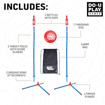 Disc Duel - Ultimate Flying Disc Game Bottle Challenge - Lawn Games Adults and Family - Perfect for Beach, Park, and Tailgating - Polish Horseshoes Set - Dual Use Adjustable Stands - Ages 3+