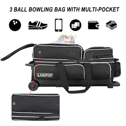 LARIPOP 3 Ball Bowling Bag with Wheels and Shoe Compartment, Rolling Bowling Bag for 3 Balls, Heavy Duty Bowling Roller Bag with Retractable Handle for Men Women - color: Black