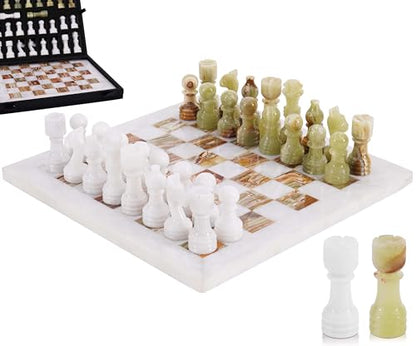 Marble Chess Set 12" Inches White and Green with Storage Box and 2 Extra Queen Handmade Classic Board Games for Adults, Luxury Marble Chess Board & Chess Pieces for Gifts - color: White & Green Onyx