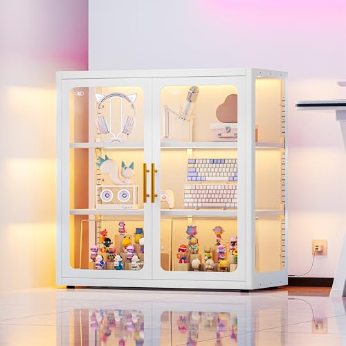 34" Display Cabinet with Glass Doors, 4-Tier Curio Cabinet with Many Color Lights for Collectibles, Glass Display Case, Bookcase with 4 Shelves, Storage Cabinets, White - color: White, size: 34''H+Led