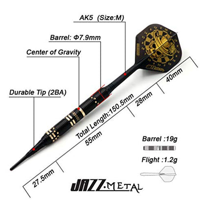 CUESOUL Jazz - Soft Tip Darts Set 19 Grams with 6pcs AK5 Plastic Integrated Flights & 36pcs Plastic Tips for Electronic Dart Board