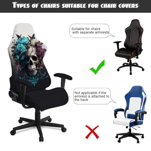 4 Pieces Gaming Chair Slip Cover Set Skull Rose Butterfly Print Game Chair Cover with Armrest Covers, Universal Fit, Machine Washable - color: Black - Skull Rose Butterfly