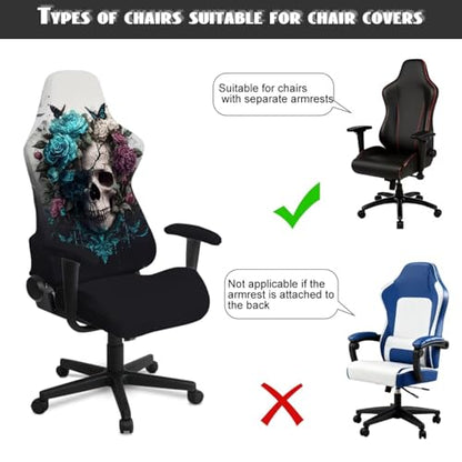 4 Pieces Gaming Chair Slip Cover Set Skull Rose Butterfly Print Game Chair Cover with Armrest Covers, Universal Fit, Machine Washable - color: Black - Skull Rose Butterfly