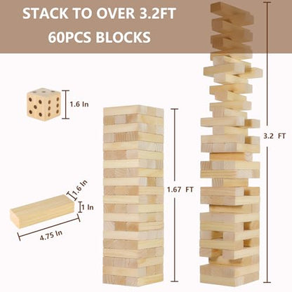 Aivalas Medium Tumble Tower 60PCS Wooden Block Stacking Yard Games with Carrying Bag Indoor & Outdoor Game for Kids and Adults Party Games for Backyard Lawn Beach Camping (Over 3.2 Ft) - size: M-Over 3.2 FT-60PCS