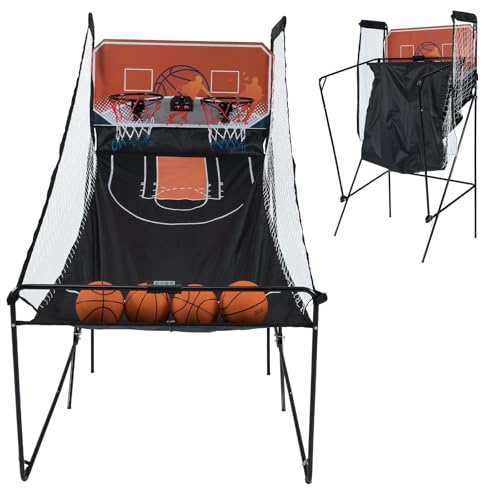 GYMAX Arcade Basketball Game Indoor Foldable with 8 Game Modes, Arcade Sound, 4 Balls and Inflation Pump, Electronic Basketball Games for All Ages Home (Orange) - color: Orange