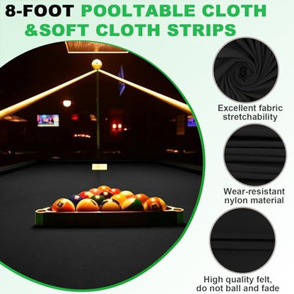 Podoy 8ft Pool Table Replacement Kit, Pool Table Bumpers (Set of 6) with Felt Cloth/Cushion Facings (Set of 12) for Billiard Rail Rubber Bumpers Home & Pro Use Billiard Rail & Pocket Accessories - color: BLACK WITH CLOTH