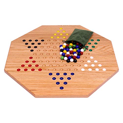 Oak Wooden Chinese Checkers Board Game Set, Hand-Painted, 19" Wide