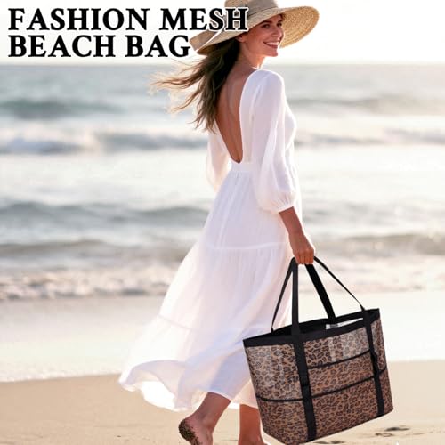 GYEUKHAM Mesh Beach Bag for Women, Sand-Resistant Pool Tote, 9 Pockets (1 Inner Zip), Foldable Family Travel Essentials - color: L-leopard