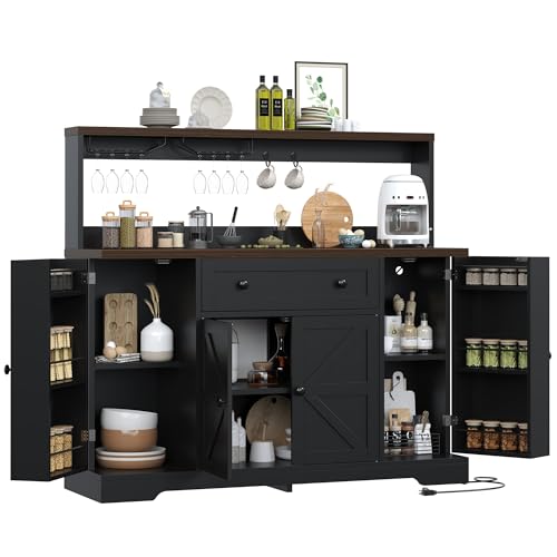 VVFLU Hutch Storage Buffet Cabinet with Drawers, and Charging Station, Coffee Bar Cabinet with Barn Doors, Wine Rack and Hooks, White Wood Sideboard Buffet for Kitchen, Dining Room, 47.8" High - color: Black/Wood, size: 15.7"D x 55.1"W x 47.8"H