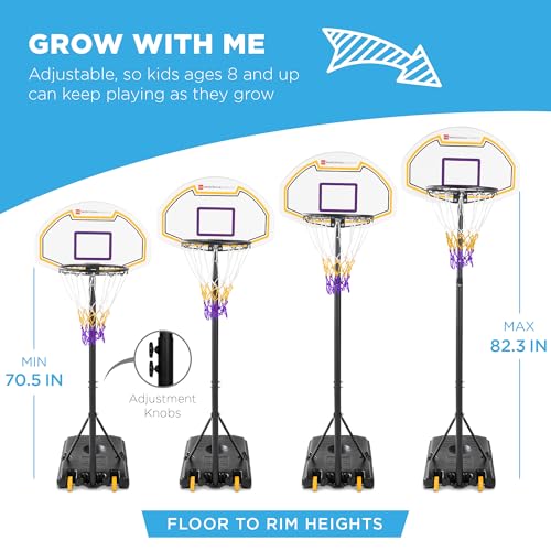 Best Choice Products Kids Height-Adjustable Basketball Hoop, Portable Backboard Set w/ 2 Wheels, Fillable Base, 70.5in to 82.3in Tall - style: Purple/Yellow