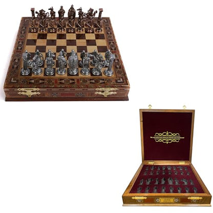 Medieval British Army Antique Copper Metal Chess Set for Adults,Handmade Pieces and Natural Solid Wooden Chess Board with Storage Inside King 3.35inc