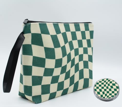 Green Checkered Gifts for Women – Unique Green Plaid Travel Makeup Bag Set with Mirror, Cosmetic Pouch Set for Checkered Lovers & Mom - color: Checkered Green-2S