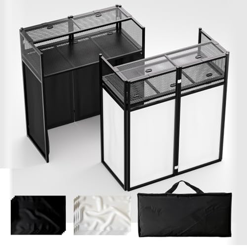 Portable DJ Booth Table,Foldable DJ Table Stand with White & Black Scrim,Adjustable DJ Facade Booth Station Metal Frame with Cable Hole for Private Events, Clubs, Bars (40x20 Double Deck) - size: 40x20 Double Deck
