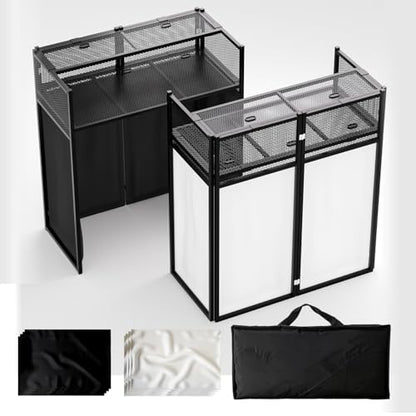 Portable DJ Booth Table,Foldable DJ Table Stand with White & Black Scrim,Adjustable DJ Facade Booth Station Metal Frame with Cable Hole for Private Events, Clubs, Bars (40x20 Double Deck) - size: 40x20 Double Deck