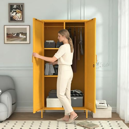 Industrial 67" Yellow Lockable Metal 2-Door Storage Cabinet, Multi-Purpose Wardrobe with Hanging Rod & Adjustable Shelves, Heavy Duty for Bedroom, Garage, Home Office 67"H X 31.5"W X 18.1"D - color: Mustard, style: Wardrobe-67"H-JS