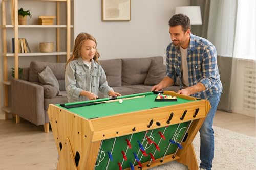 3-in-1 Game Table with Rotating Design, Including Billiards, Table Football, and air Hockey Table, for Indoor Entertainment Center - color: Wood color