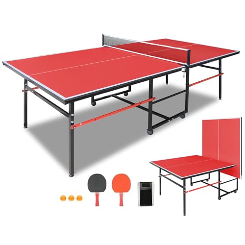 IUNNDS Portable Table Tennis Table 6/8/8.5/9FT Foldable Ping Pong Game Set for Indoor with Net and Post Set, 2 Paddles and 3 Balls - color: Red-8FT