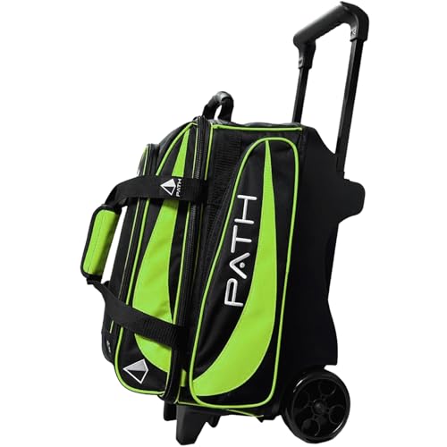 Pyramid Path Premium Deluxe 2 Ball Double Roller Bowling Bag With Large Separate Shoe Compartment (Up To US Mens Size 15) and Oversized Accessory Pocket, Retractable Locking Handle - Extends to 37" - color: Lime