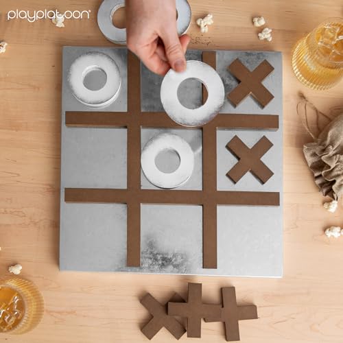 Play Platoon Magnetic Tic Tac Toe Game - Large Metal and Wooden Wall Mounted Board Games - 13.5 Inch Table Top or Wall Mounted Farmhouse Rustic for Game Room - Barnwood - color: Barnwood & Rustic White