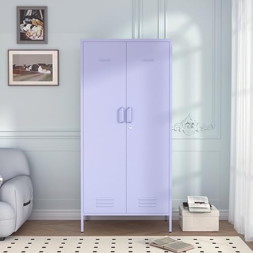 Industrial 67" Purple Lockable Metal 2-Door Storage Cabinet, Multi-Purpose Wardrobe with Hanging Rod & Adjustable Shelves, Heavy Duty for Bedroom, Garage, Home Office 67"H X 31.5"W X 18.1"D - color: Lilac, style: Wardrobe-67"H-JS