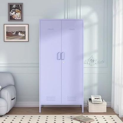 Industrial 67" Purple Lockable Metal 2-Door Storage Cabinet, Multi-Purpose Wardrobe with Hanging Rod & Adjustable Shelves, Heavy Duty for Bedroom, Garage, Home Office 67"H X 31.5"W X 18.1"D - color: Lilac, style: Wardrobe-67"H-JS