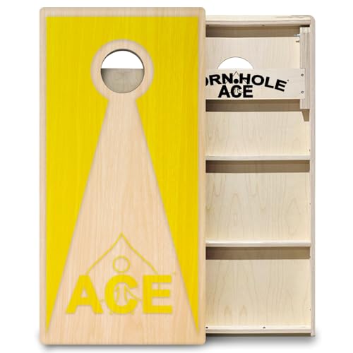 CornholeAce ACE PRO Inverse Triangle Professional Cornhole Boards - No Bounce! Triple Wide Legs, 3/4" Baltic Birch Plywood, Handles, Regulation Size (4x2ft), Tournament Style, Made in USA - color: Yellow