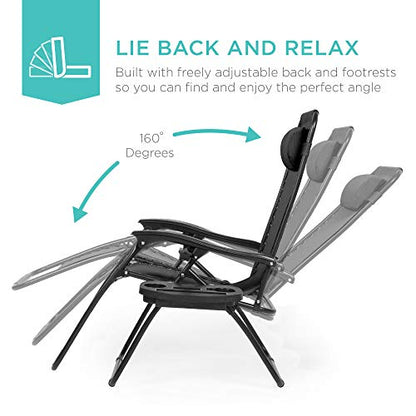Best Choice Products Set of 2 Adjustable Steel Mesh Zero Gravity Lounge Chair Recliners w/Pillows and Cup Holder Trays - Black - color: Black, size: Standard