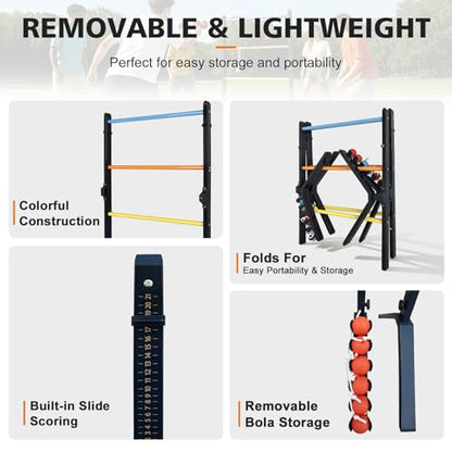 Steel Ladder Toss Game Set,Heavy-Duty Metal 2 Pack Ladder Ball Rack with 6 Bolas & Scorekeeper,Assembly-Free Outdoor Yard Games for Adults &teens Portable Lawn Toss for Camping, Beach,Backyard Party