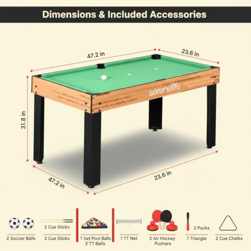 SereneLife Multi Game Table, 48” Sports Arcade Games with Accessories, Ping Pong, Hockey, Pool Billiards, Soccer Foosball All in One, for Indoor and Outdoor, Family, Kids and Adults