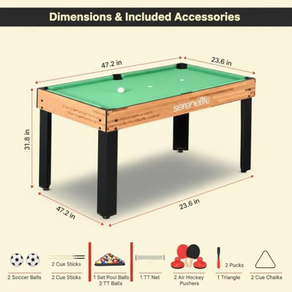 SereneLife Multi Game Table, 48” Sports Arcade Games with Accessories, Ping Pong, Hockey, Pool Billiards, Soccer Foosball All in One, for Indoor and Outdoor, Family, Kids and Adults