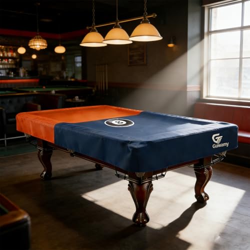 9FT (113"L x 63"W x 8"H) Heavy Duty Leatherette Pool Table Cover – Waterproof, Scratch-Resistant, All-Season Protection for Indoor/Outdoor Use – Orange/Dark Blue