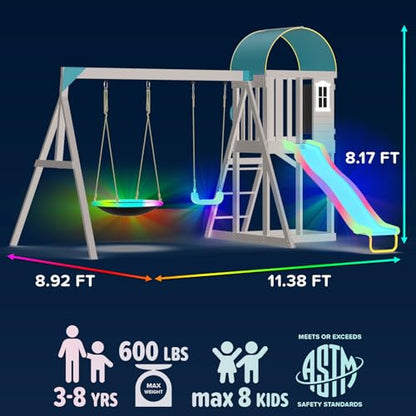 Sportspower Amelia Galaxy Cedar Wooden Swing Set for Night Play with 2 LED Swings, Play Fort with Sandbox, Heavy Duty Double A-Frame, on 6ft LED Slide, Bonus Anchor Kit