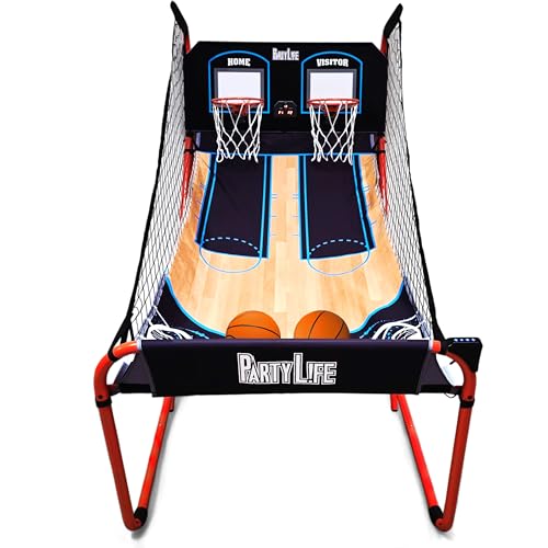 PartyLife 2-Player Basketball Arcade Game w/Optional LED Lights | Electronic Scoring | 5 Balls, 1 Pump, 8 Games | Folding Design | Heavy-Duty Steel Frame - Choose Your Model - color: PartyLife, style: Base Model