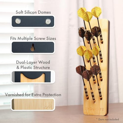 EXQUISITE Premium Craft-Handed Natural Bamboo Darts Holder - Wall Mounted Dart Caddy Display & Storage for 12 Soft & Steel Tip Darts, Precision Drilled, Protective Backing, Includes Mounting Kit