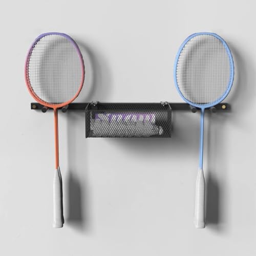 Sports Ball Organizer Holder Shelf 2 in 1 Wall Mounted Ball Holder Racket Rack, Hanging Equipment Organizer for Boys Bedroom/Studio/Garage, Metal Badminton Ping Pong Paddle Storage Display Stand