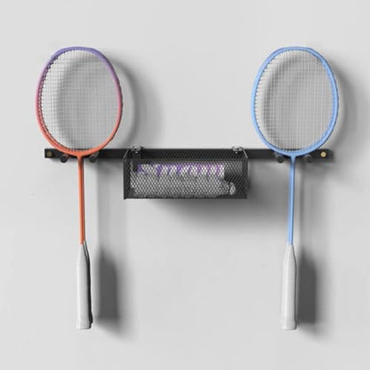 Sports Ball Organizer Holder Shelf 2 in 1 Wall Mounted Ball Holder Racket Rack, Hanging Equipment Organizer for Boys Bedroom/Studio/Garage, Metal Badminton Ping Pong Paddle Storage Display Stand