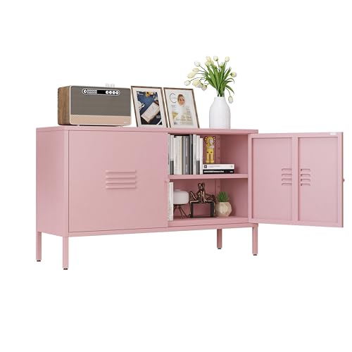 Storage Cabinet with Doors and Shelves -Metal TV Stand - Metal Storage Accent Cabinet for Home, Office, Entryway,LivingRoom. (Pink) - color: Pink, style: tv stand cabinet